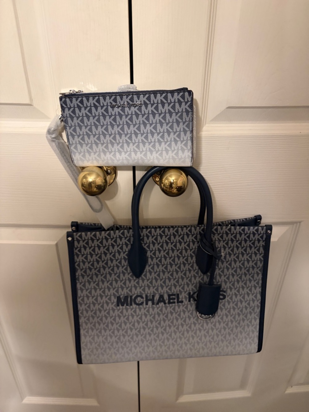 Michael Kors Navy and White MK Logo Tote with Small Wristlet
